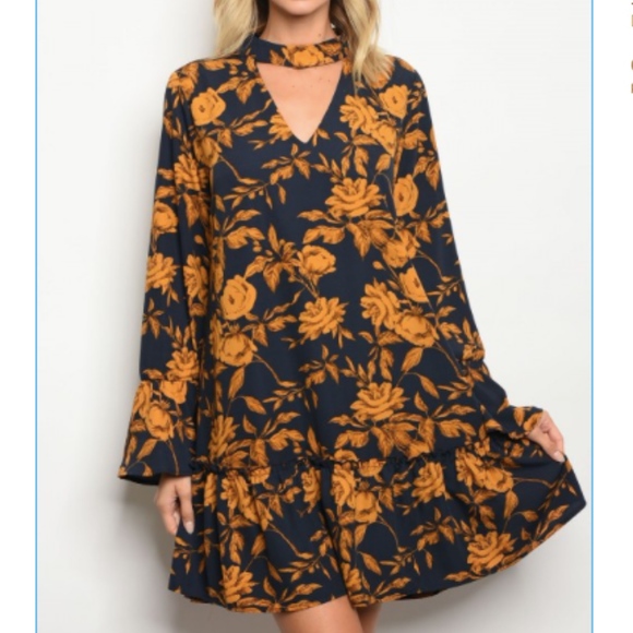 Keyhole Navy and Mustard Floral Dress - Picture 1 of 7